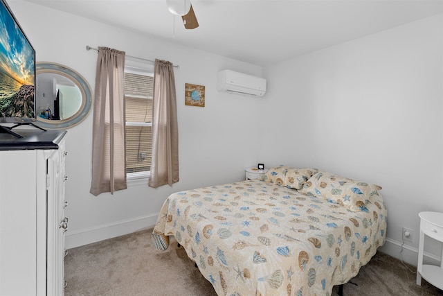 bedroom with light carpet, a wall mounted AC, and ceiling fan