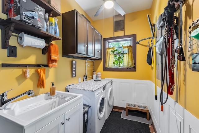 463 Rte 47 N, Goshen, NJ 08210 - clothes washing area with washer and clothes dryer, cabinet space, a ceiling fan, and wainscoting