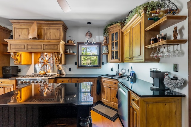 463 Rte 47 N, Goshen, NJ 08210 - kitchen with open shelves, a sink, appliances with stainless steel finishes, dark countertops, and brown cabinets