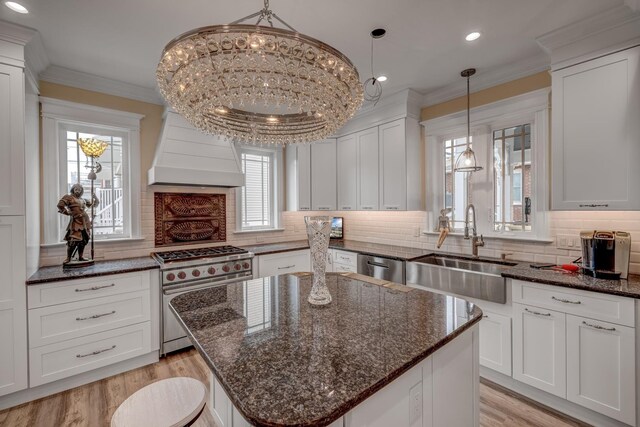 2901 Pacific Ave, Wildwood, NJ 08260 - kitchen featuring crown molding, appliances with stainless steel finishes, a sink, light wood-style floors, and custom range hood