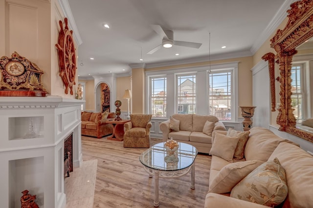 2901 Pacific Ave, Wildwood, NJ 08260 - living area featuring crown molding, recessed lighting, light wood finished floors, a ceiling fan, and a fireplace