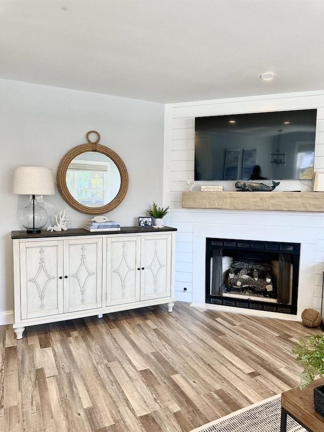 living room with wood finished floors and a large fireplace