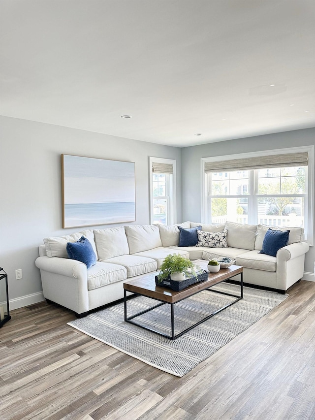 living room featuring wood finished floors and baseboards