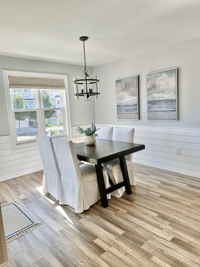 dining room featuring a notable chandelier, a wainscoted wall, and light wood finished floors