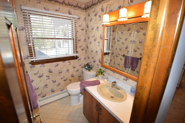 10 Timberlea Ln, Cape May Court House, NJ 08210 - bathroom featuring wallpapered walls, toilet, vanity, and a baseboard radiator