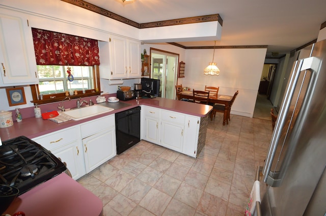 10 Timberlea Ln, Cape May Court House, NJ 08210 - kitchen with freestanding refrigerator, white cabinets, dishwasher, a sink, and a peninsula