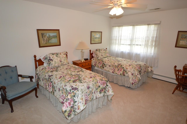10 Timberlea Ln, Cape May Court House, NJ 08210 - bedroom with ceiling fan, visible vents, baseboard heating, and light carpet