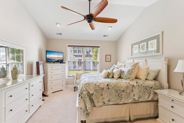7 Herron Ct Unit 40, Cape May Court House, NJ 08210 - bedroom with vaulted ceiling, light colored carpet, multiple windows, and a ceiling fan