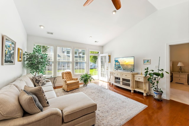 7 Herron Ct Unit 40, Cape May Court House, NJ 08210 - living room with lofted ceiling, a ceiling fan, dark wood finished floors, and baseboards