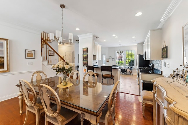 7 Herron Ct Unit 40, Cape May Court House, NJ 08210 - dining space with a chandelier, recessed lighting, stairway, crown molding, and dark wood-style floors