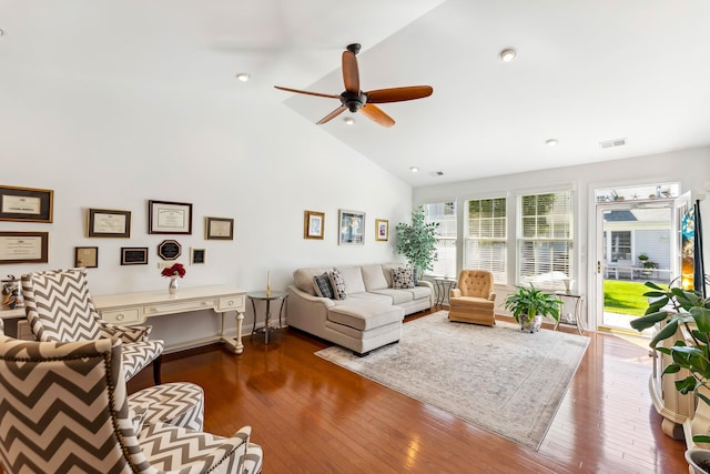 7 Herron Ct Unit 40, Cape May Court House, NJ 08210 - living room with a ceiling fan, wood-type flooring, and high vaulted ceiling