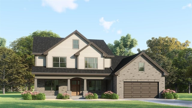 view of front of home with a porch, a front yard, and a garage