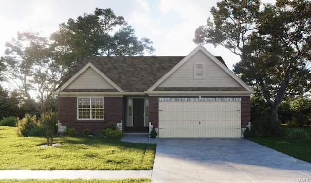 ranch-style house with a front yard and a garage