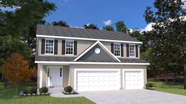 view of front of property with a front yard and a garage