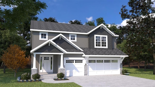 craftsman inspired home with a front yard and a garage