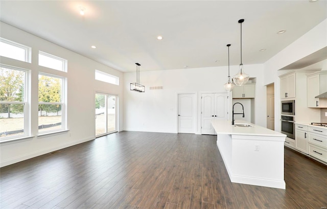 kitchen with plenty of natural light, dark hardwood / wood-style floors, an island with sink, and pendant lighting