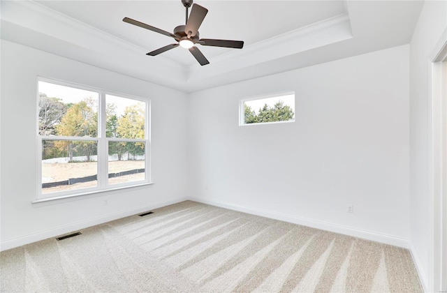 carpeted spare room with ceiling fan, plenty of natural light, crown molding, and a raised ceiling