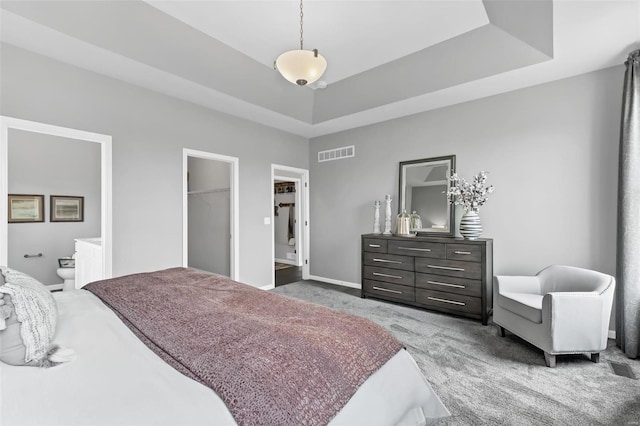 carpeted bedroom featuring a closet, a spacious closet, ensuite bathroom, and a raised ceiling