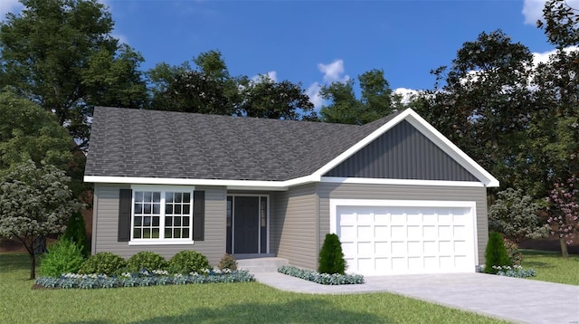 view of front of property with a front yard and a garage