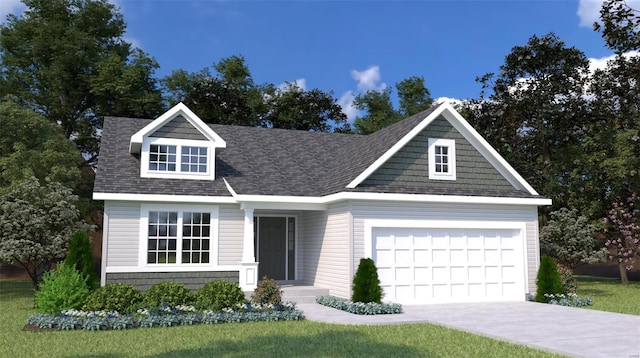 view of front of home with a garage and a front lawn