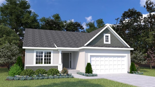 view of front of home featuring a front yard and a garage