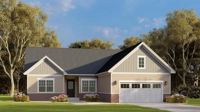 craftsman inspired home featuring a front lawn and a garage