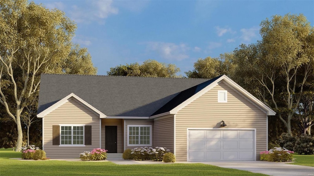 ranch-style house featuring a front lawn and a garage