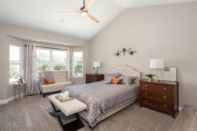 bedroom with light carpet, lofted ceiling, and ceiling fan