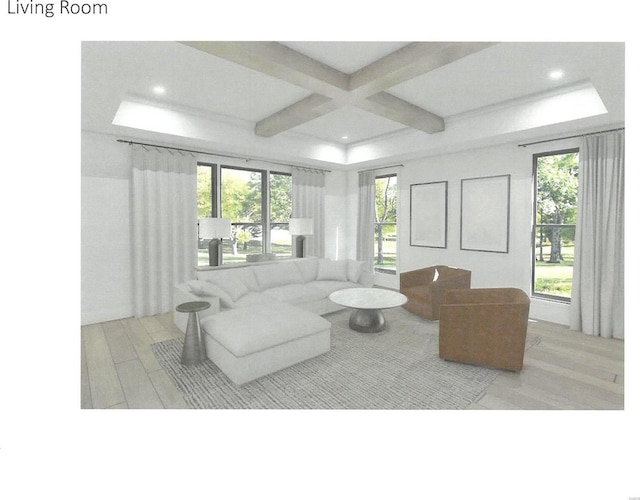 living room featuring coffered ceiling and light wood-type flooring