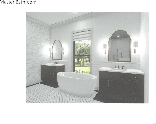 bathroom with tile walls, vanity with extensive cabinet space, dual sinks, tile floors, and a bath