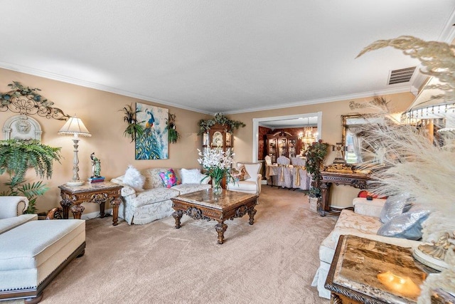 living room with ornamental molding, a chandelier, and light carpet