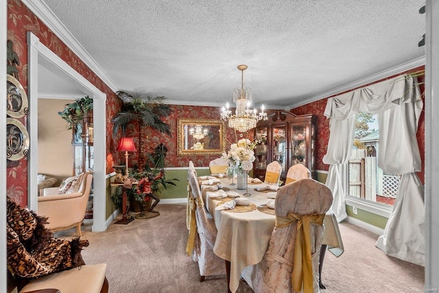 carpeted dining area featuring a notable chandelier, a textured ceiling, and ornamental molding