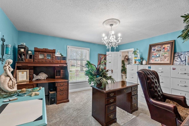 carpeted office space with a notable chandelier and a textured ceiling