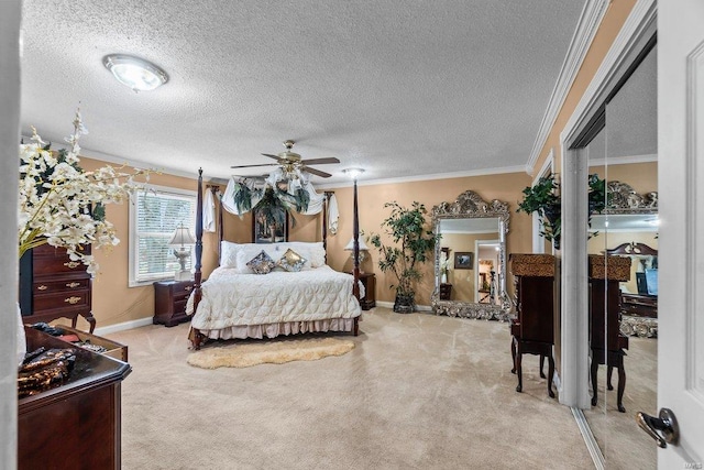 bedroom with light carpet, crown molding, a textured ceiling, and ceiling fan