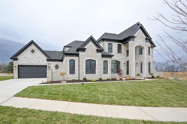 french provincial home featuring brick siding, a shingled roof, concrete driveway, and a front yard