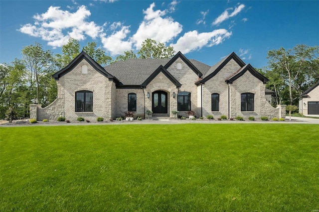 french country style house with brick siding, a front yard, and roof with shingles