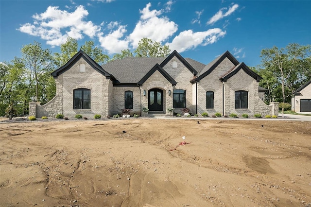 french country style house with brick siding and roof with shingles