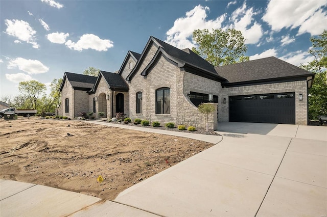 french country style house with a garage, brick siding, roof with shingles, and concrete driveway