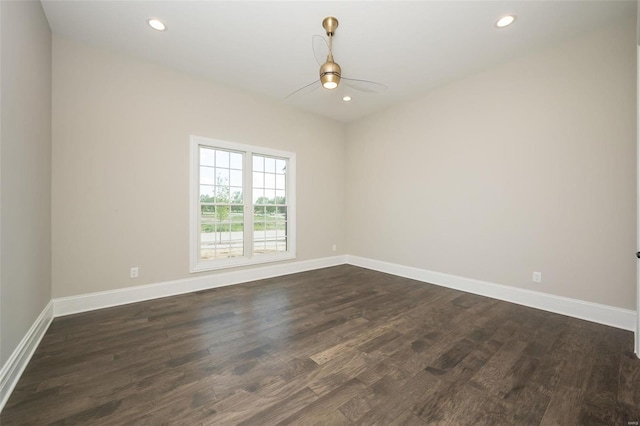 empty room with recessed lighting, ceiling fan, baseboards, and dark wood-style flooring