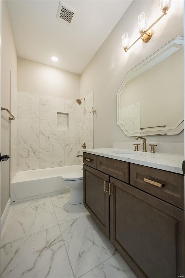 full bath with visible vents, toilet, shower / bathtub combination, marble finish floor, and vanity