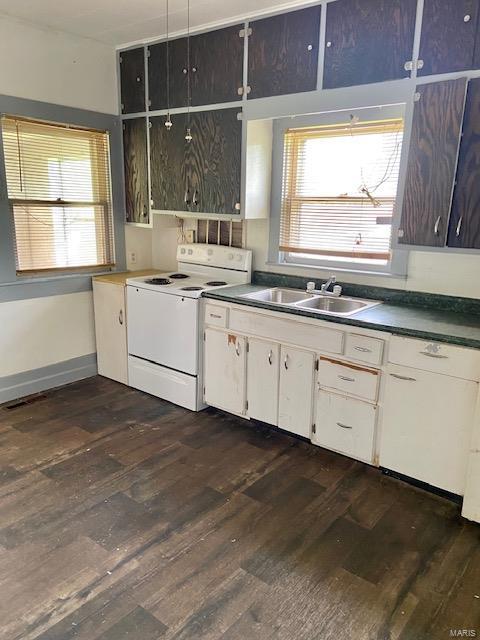 kitchen featuring white cabinets, dark hardwood / wood-style flooring, white electric range oven, and sink