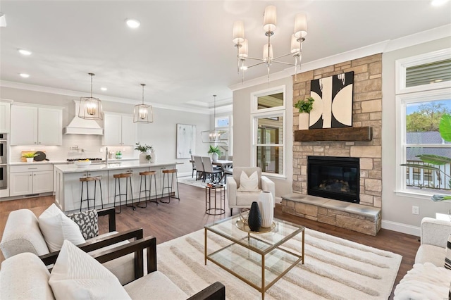 living room featuring crown molding, dark wood-type flooring, and a fireplace