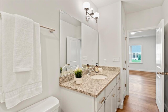 bathroom featuring vanity, wood-type flooring, and toilet