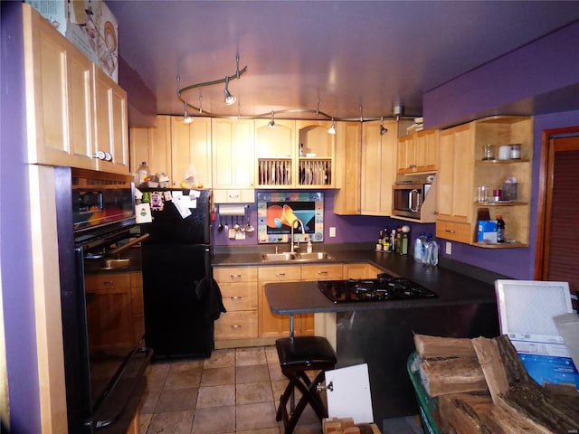 kitchen with light brown cabinets, rail lighting, black appliances, sink, and tile floors