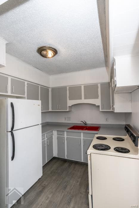 kitchen featuring a textured ceiling, sink, white appliances, gray cabinets, and dark hardwood / wood-style floors