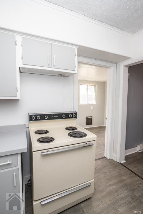 kitchen with exhaust hood, electric stove, a textured ceiling, white cabinetry, and hardwood / wood-style floors