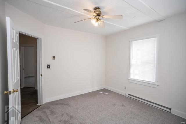 unfurnished room featuring ceiling fan, a baseboard radiator, and dark colored carpet