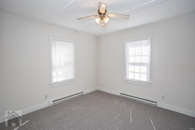 unfurnished room with ceiling fan, carpet, and a baseboard heating unit