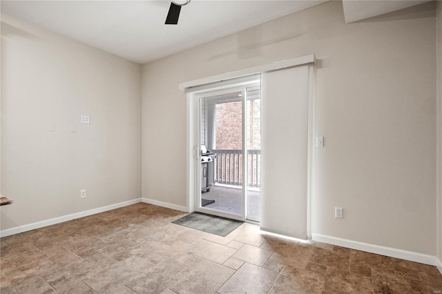 doorway to outside featuring ceiling fan and light tile floors