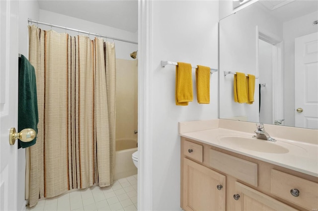 full bathroom with tile flooring, shower / bath combination with curtain, vanity, and toilet